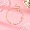 Faceted Cube Natural Larimar Brass Paperclip Chain Anklets with Natural Pearl for Women AJEW-AN00887-1