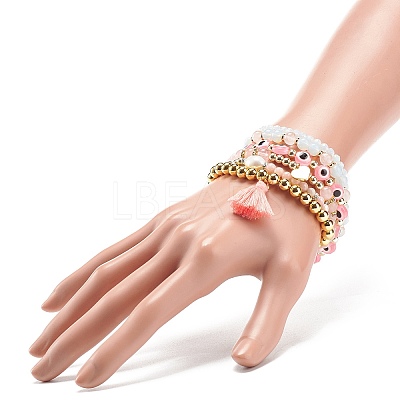 6Pcs 6 Style Natural & Synthetic Mixed Gemstone & Pearl & Resin Evil Eye Stretch Bracelets Set BJEW-JB08885-1