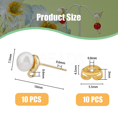 5 Pair Natural Pearl Round Stud Earrings Findings KK-HY0001-79-1
