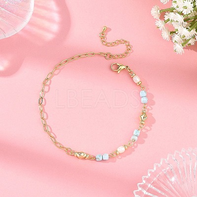 Faceted Cube Natural Larimar Brass Paperclip Chain Anklets with Natural Pearl for Women AJEW-AN00887-1