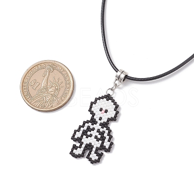 MIYUKI Delica Beads Beaded Halloween Skull Pendant Waxed Cotton Cord Necklaces for Women NJEW-MZ00111-1