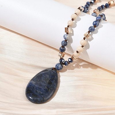 Natural Sodalite Teardrop Pendant Glass Beaded Long Necklaces GG-CBAE048-01B-1