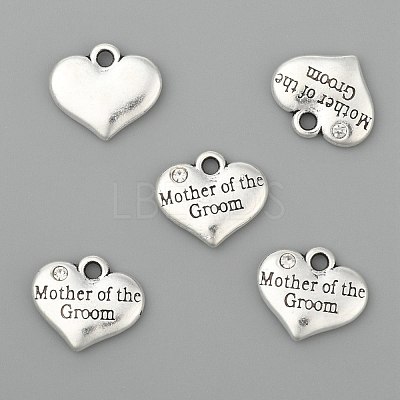 Wedding Theme Antique Silver Tone Tibetan Style Alloy Heart with Mother of the Groom Rhinestone Charms TIBEP-N005-17A-1