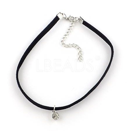 Faux Suede Cord Choker Necklaces with Platinum Tone Brass Rhinestone Pendants and Iron End Chains NJEW-R235-66-1