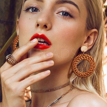 Woven Flat Round Alloy Raffia Dangle Stud Earrings FS-WG1ECDE-04-1