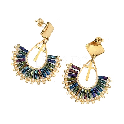 304 Stainless Steel with Glass Seed Beads Hoop Dangle Earrings EJEW-MZ00824-01-1