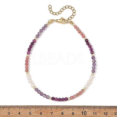 Gradient Faceted Round Natural Mixed Stone & Potato Natural Pearl Beaded Anklets AJEW-AN00873-02-1