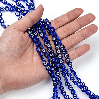 Handmade Evil Eye Lampwork Flat Round Bead Strands X-LAMP-L058-8mm-04-1