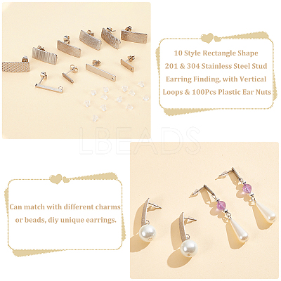 60Pcs 10 Style Rectangle Shape 201 & 304 Stainless Steel Stud Earring Finding STAS-PH0005-29-1