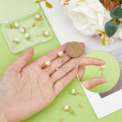 5 Pair Natural Pearl Round Stud Earrings Findings KK-HY0001-79-1