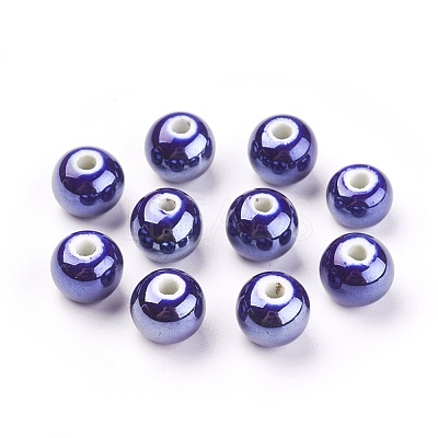 Pearlized Dark Blue Glazed Porcelain Round Beads X-PORC-D001-10mm-14-1