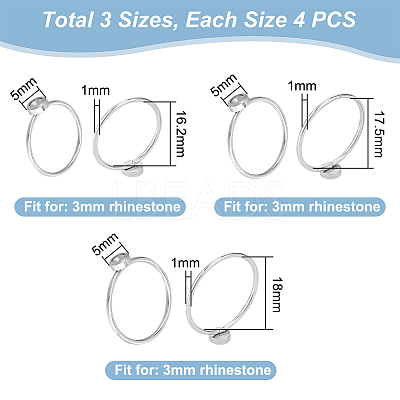 12Pcs 3 Size 304 Stainless Steel Finger Rings Settings for Rhinestone Base STAS-CA0002-16-1