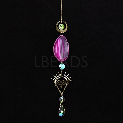 Natural Agate Piece & Metal Evil Eye Moon Hanging Ornaments PW-WG66301-02-1