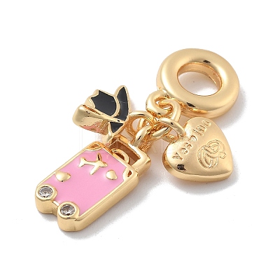 Brass Pink Enamel & Clear Cubic Zirconia Dangle Charms KK-M305-15G-02-1