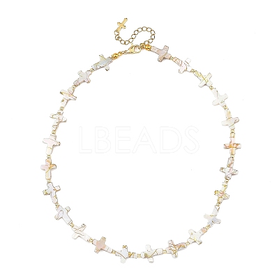Drawbench Style Natural Freshwater Shell Religion Cross Beaded Necklaces for Women NJEW-JN06648-1