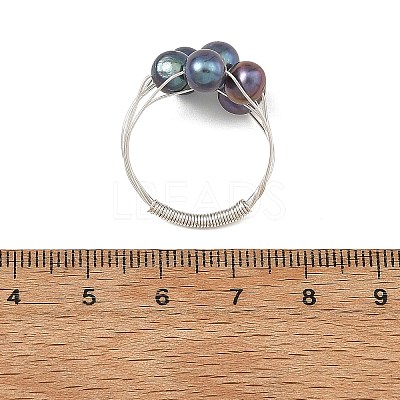 Round Copper Wire with Natural Cultured Freshwater Pearl Finger Rings RJEW-JR01097-1