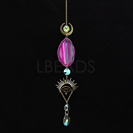 Natural Agate Piece & Metal Evil Eye Moon Hanging Ornaments PW-WG66301-02-1