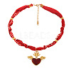 Brass Dark Red Enamel Pendant Printed Cloth Cord Necklaces for Women FS-WGEB349-04-1