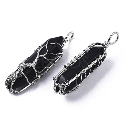 Natural Dyed & Heated Black Agate Big Wire Wrapped Pointed Pendants G-T133-P02A-1