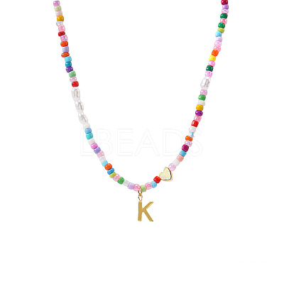 Colorful Beaded Heart Letter Necklace with Pearl Elements Stainless Steel Pendant Jewelry TR2146-11-1