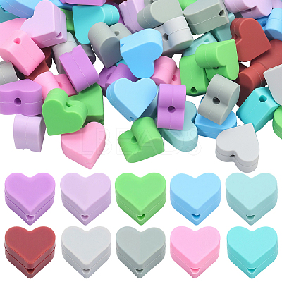 100Pcs 10 Colors Heart Food Grade Silicone Beads SIL-PA0001-09A-1
