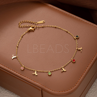 304 Stainless Steel Pave Colorful Cubic Zirconia Charm Anklets for Women FS-WG43DDA-05-1