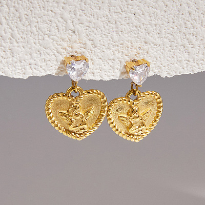 304 Stainless Steel Pave Clear Cubic Zirconia Stud Dangle Earrings WG47F59-01-1
