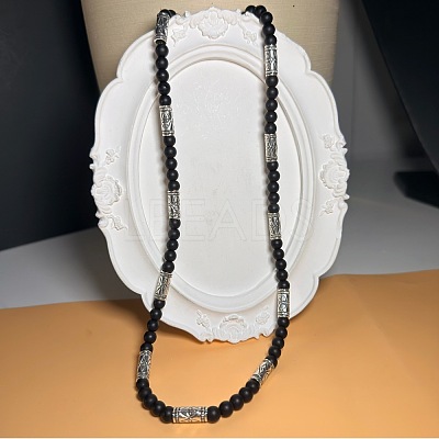 Vintage Frosted 6MM Natural Black Onyx(Dyed & Heated) Round Beaded Necklaces with Alloy Tube for Men KE3601-1