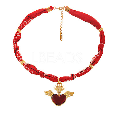 Brass Dark Red Enamel Pendant Printed Cloth Cord Necklaces for Women FS-WGEB349-04-1