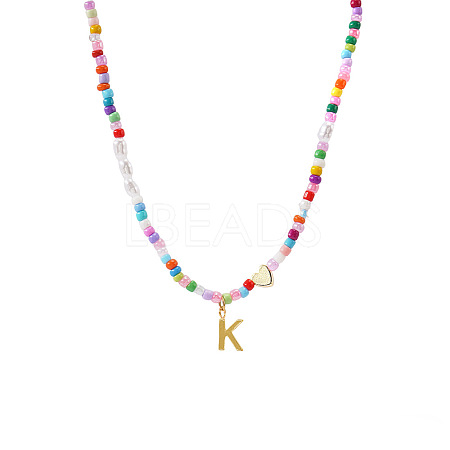 Colorful Beaded Heart Letter Necklace with Pearl Elements Stainless Steel Pendant Jewelry TR2146-11-1