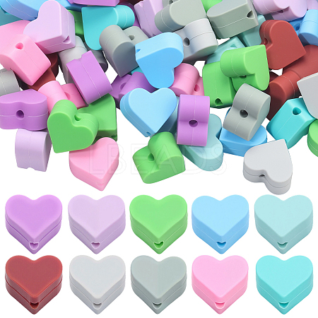 100Pcs 10 Colors Heart Food Grade Silicone Beads SIL-PA0001-09A-1