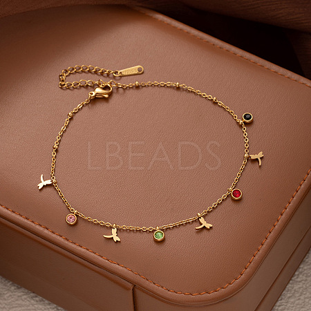 304 Stainless Steel Pave Colorful Cubic Zirconia Charm Anklets for Women FS-WG43DDA-05-1