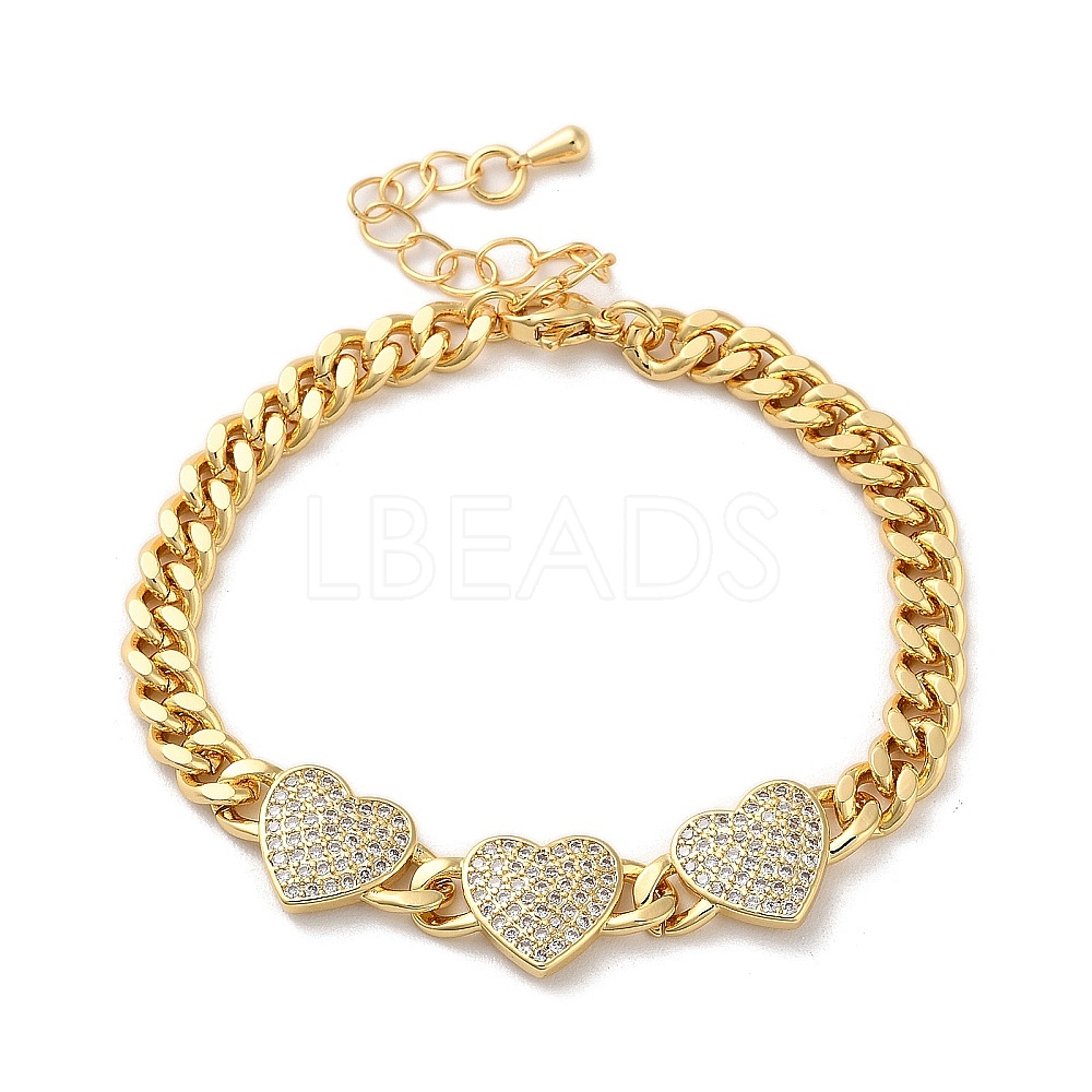 Brass Micro Pave Clear Cubic Zirconia Triple Heart Cuban Link Chains