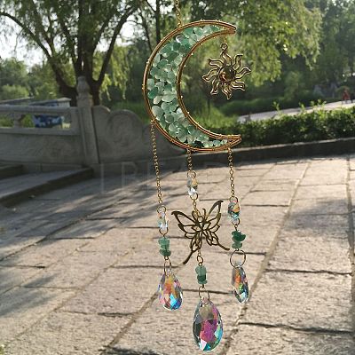 Natural Green Aventurine Chip & Metal Moon Hanging Suncatchers PW-WG15083-08-1