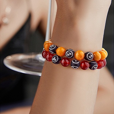 Dark Orange Natural Yellow Jade Round Beaded Stretch Bracelet BJEW-SW00077-07-1