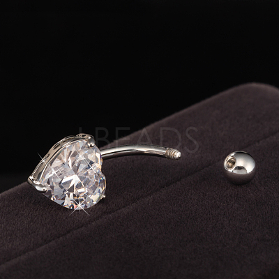 Platinum Plated Body Jewelry Heart Cubic Zirconia Brass Navel Ring Navel Ring Belly Rings AJEW-EE0001-01B-1