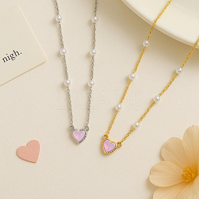 4Pcs 2 Colors Alloy & Resin Pink Heart Pendant Necklaces with Imitation Pearl NJEW-HY0001-12-1