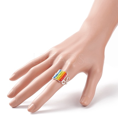 Glass Bead Braided Rectangle Open Cuff Ring RJEW-JR00489-1
