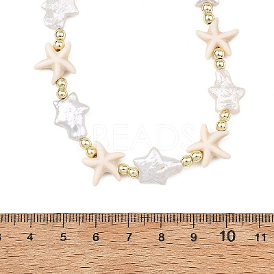 Ocean Synthetic Turquoise Starfish & Natural Baroque Keshi Pearl Star Beaded Necklaces for Women NJEW-JN06314-1