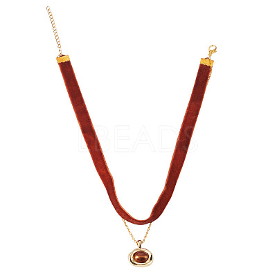 Alloy Resin Oval Pendant Single Face Dark Red Velvet Ribbon & Brass Chain Double Layered Choker Necklaces NJEW-TAC0038-1