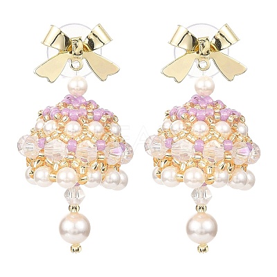 Naturla Shell Pearl Bell with Alloy Bowknot Dangle Stud Earrings EJEW-MZ00089-1