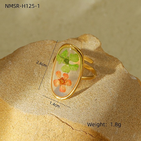 Preserved Flowers 304 Stainless Steel and Epoxy Resin Open Cuff Rings for Women FS-WGCF311-08-1