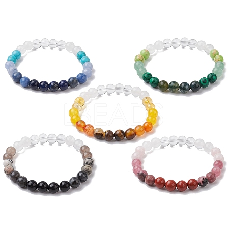 Natural & Synthetic Mixed Gemstone Round Beaded Stretch Bracelets for Women BJEW-JB11056-1