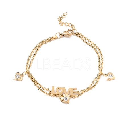 Crystal Rhinestone Heart and Word Love Charm Bracelet with 304 Stainless Steel Chains for Women STAS-P304-15G-1
