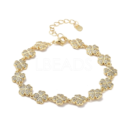 Rack Plating Brass Pave Clear Cubic Zirconia Clover Link Chain Bracelets for Women BJEW-R317-08G-1