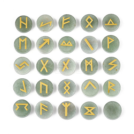 Brass Elder Futhark Alphabet Engraved Symbol Flat Round Natural Green Aventurine Rune Stones G-I373-01I-1
