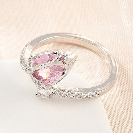 Flower Brass Micro Pave Cubic Zirconia Cuff Open Rings for Women CU-CBA0A21-06A-P-1